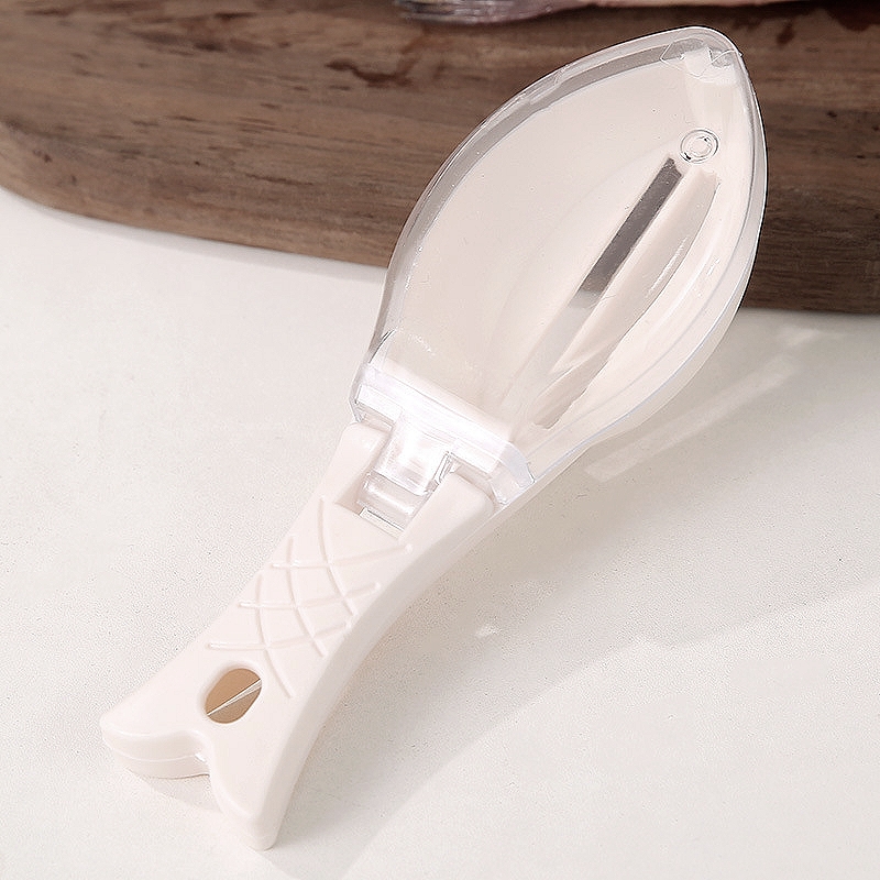 Ralladores de escamas de pescado, herramienta de limpieza de pescado, dispositivo de escamas de raspado con cubierta, herramienta de Pesca para cocina casera, aparejos de Pesca: Blanco