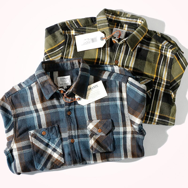 Camisa a cuadros gruesa para hombre, ropa de trabajo de franela de algodón puro, a la , Retro, de manga larga, con solapa, n. ° 9919