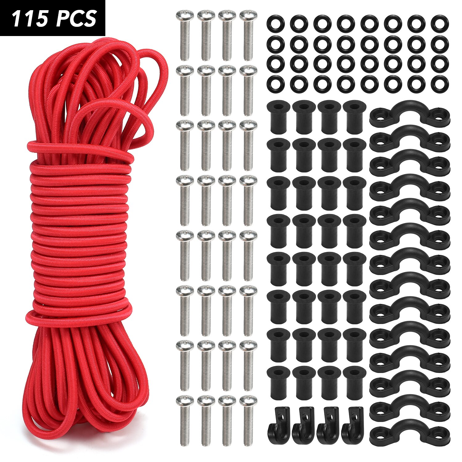 Inflatable Boat SUP Deck Rigging Kit - 6 Stainless Steel D-Rings + 5m Black Elastic Cord