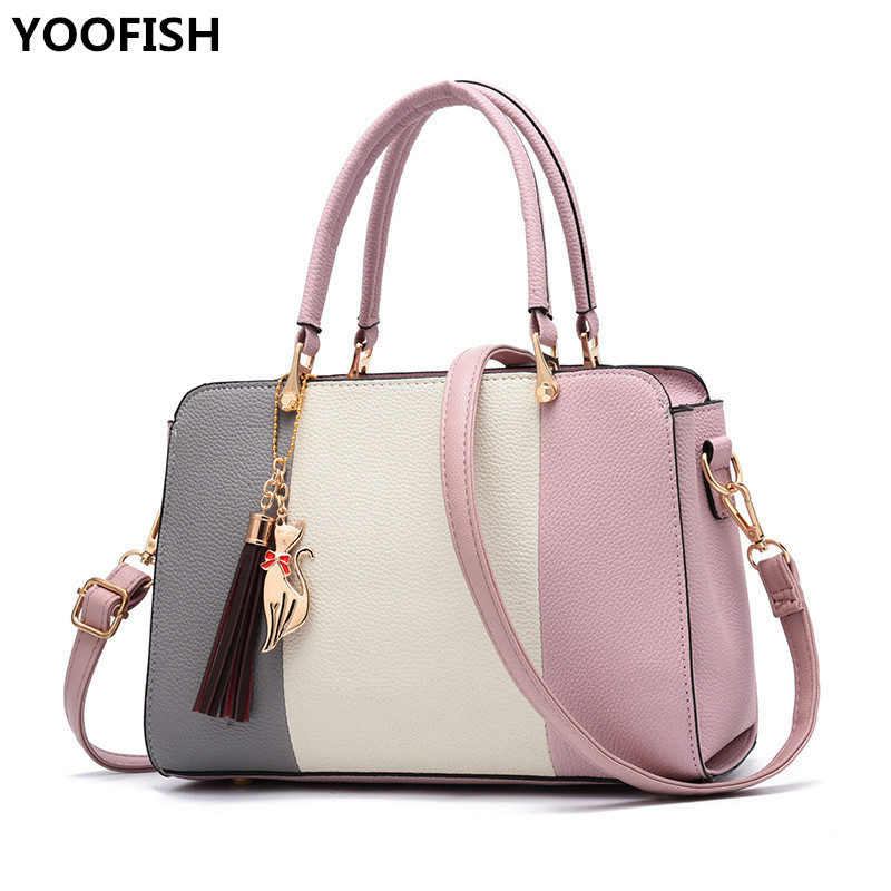 Mode Trend Vrouwen Handtassen Patchwork kleur Dame Eenvoudige Casual Stijl Kwastje PU Leer Waterdicht Hand Tassen XZ-197.