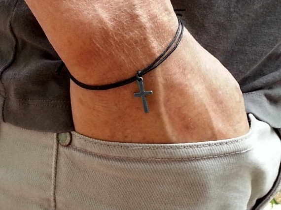Armband Voor Mannen Zilveren Kruis Charm Zwart Koord
