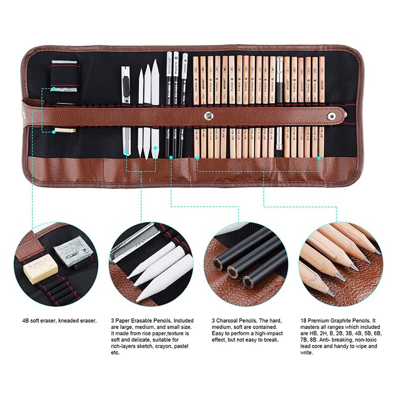 29 Pieces Sketch Pencils Kit Complete Artist Kit Drawing Art Tools With Graphite &amp; Charcoal Pencils Art Supplies