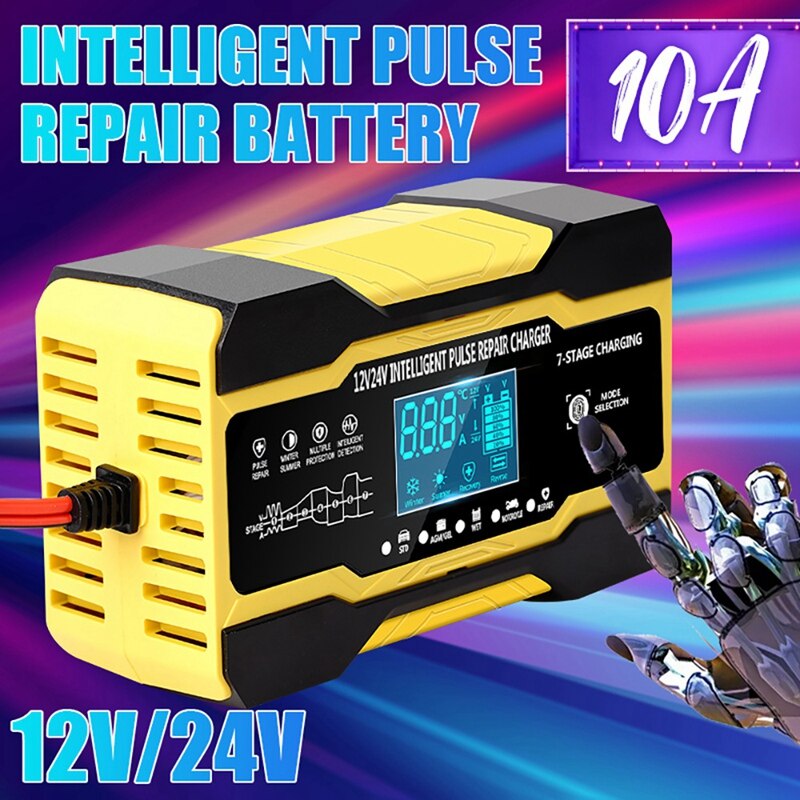 Chargeur intelligent automatique pour batterie de voiture, 12V/10a/24V/5a, avec écran LCD, pour réparation d'impulsions, pour voiture, bateau, SUV