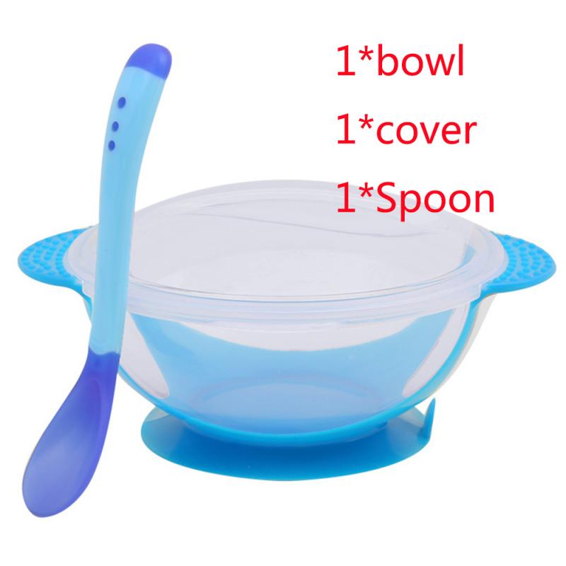 Baby Feeding Training Bowl Temperature Sensing Spoon Assist Suction Cup Tableware Set M: Blue