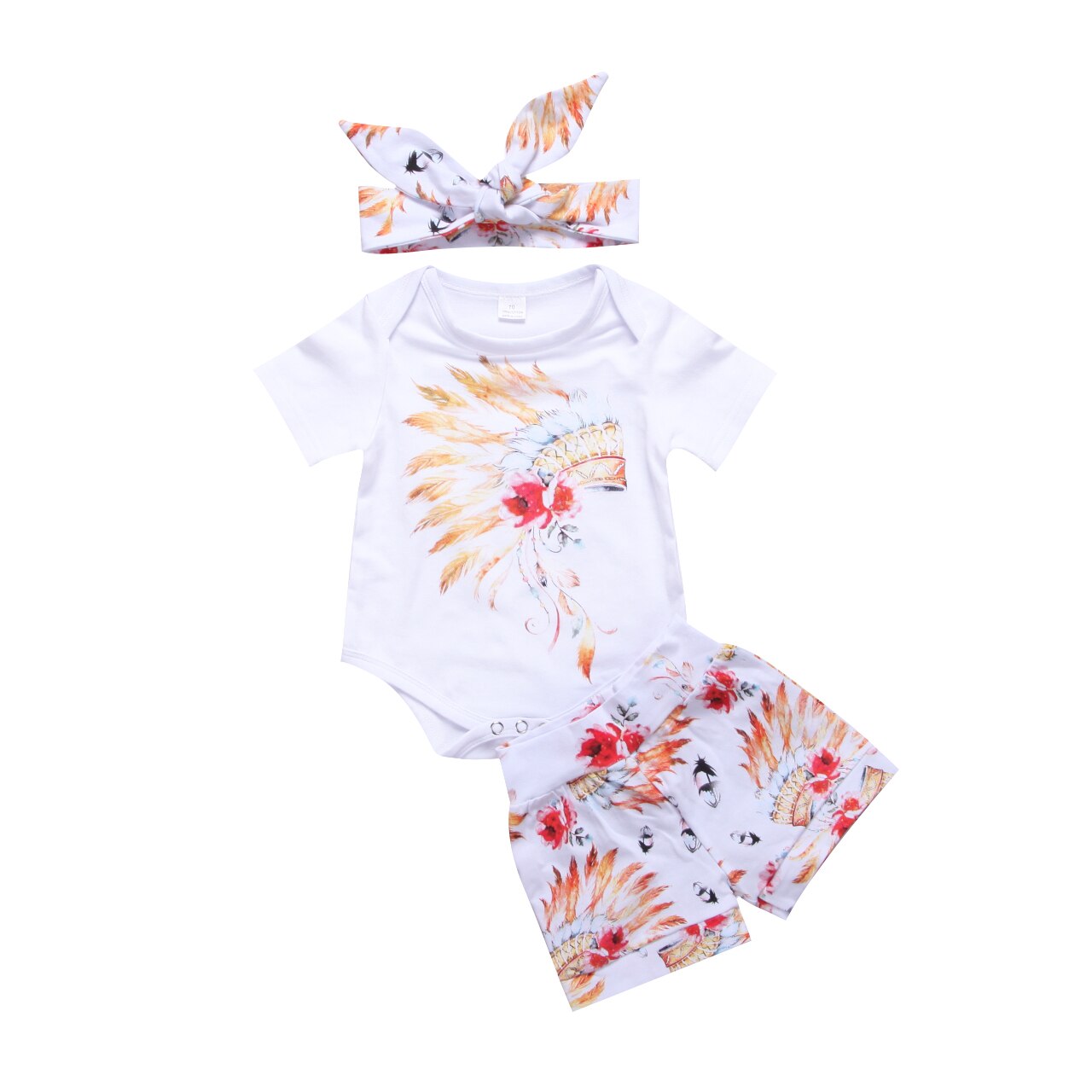 3pcs Newborn Baby Boy Girls Clothes Gypsy Feathers Print Romper+Shorts Pants Headband Baby Outfits Set