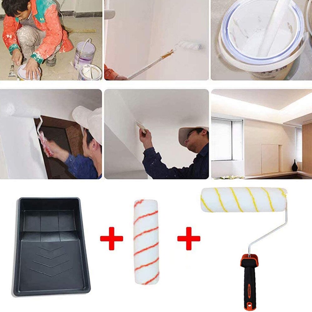 9" Medium Pile Roller Wall Paint Runner Kit Emulsion Sleeves Frame Handle Painting Brush with Roller Tray for Home Decoration