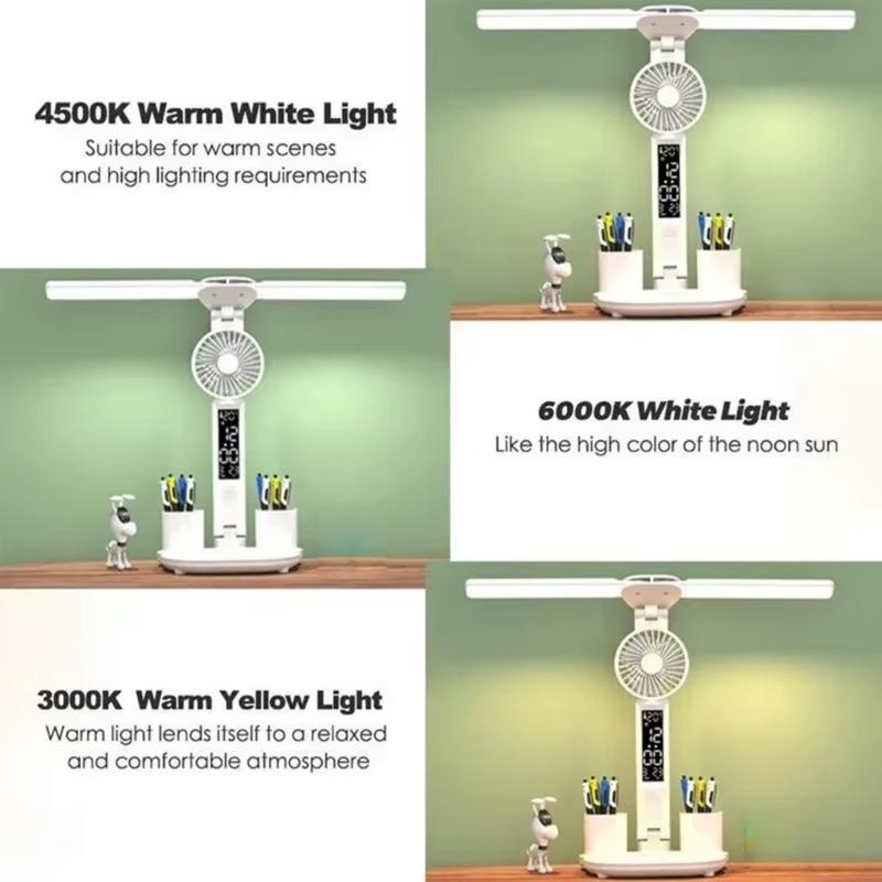 U55C Two Function LED Desk Lamp and Quiet Fan with Touches Interface and USB Charging for Study and Work Environment