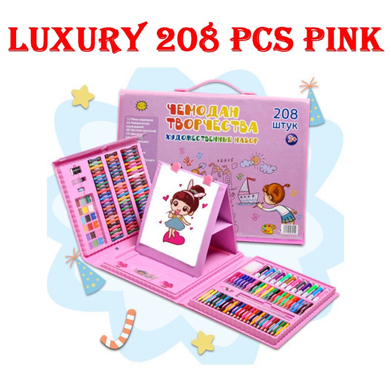 42-208Pcs Kids Draw Set Colored Pencil Crayon Watercolor Pens with Drawing Board Educational Toys Water Painting Art: Luxury 208 pcs Pink