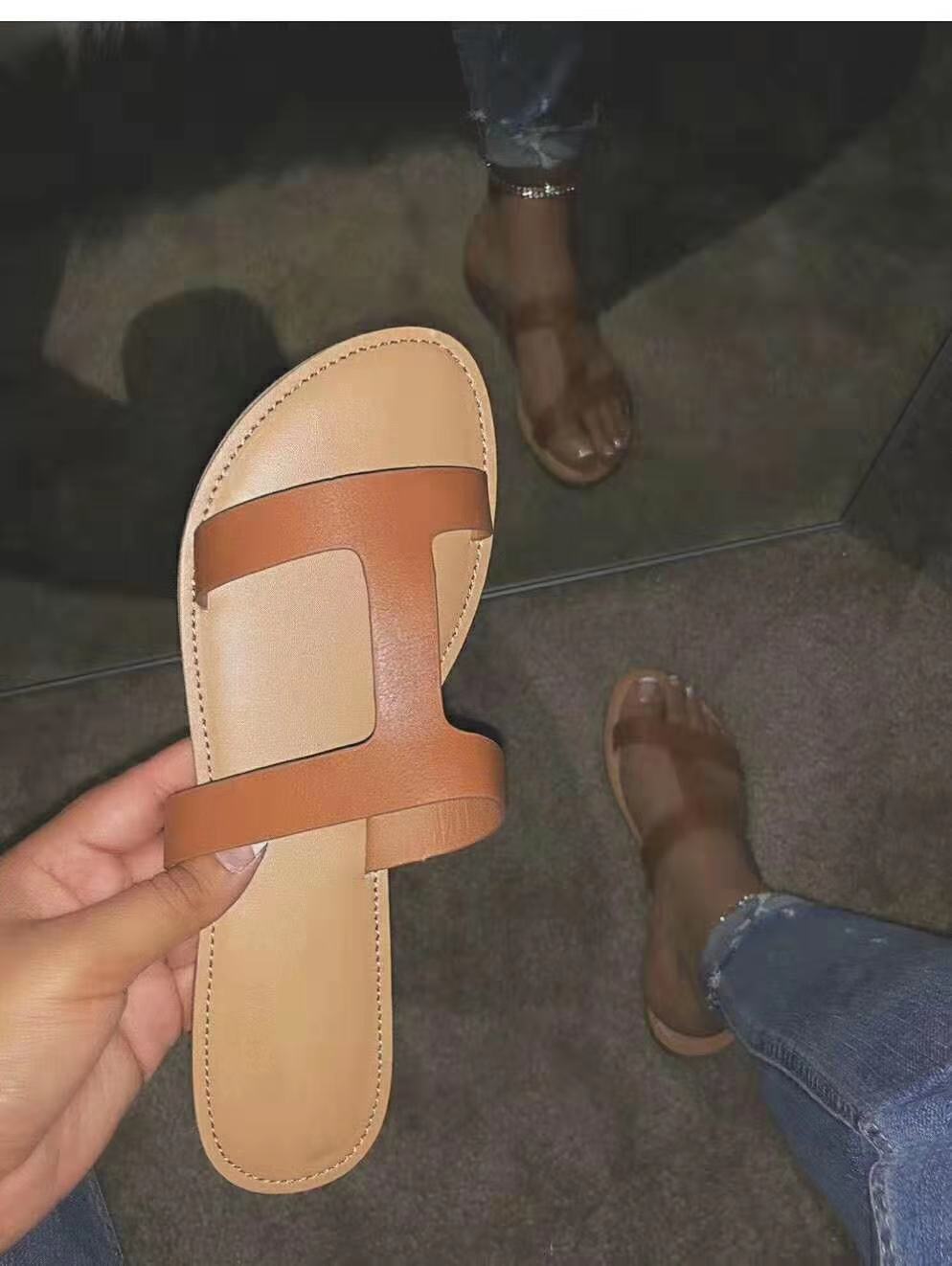 Sommer Frauen Sandalen PU Rutschen Plattform Flache Ferse Peep Toe Casual Einfache Outdoor Strand Weibliche Ladeis Schuhe Zapatos De Mujer: Brown / 9.5