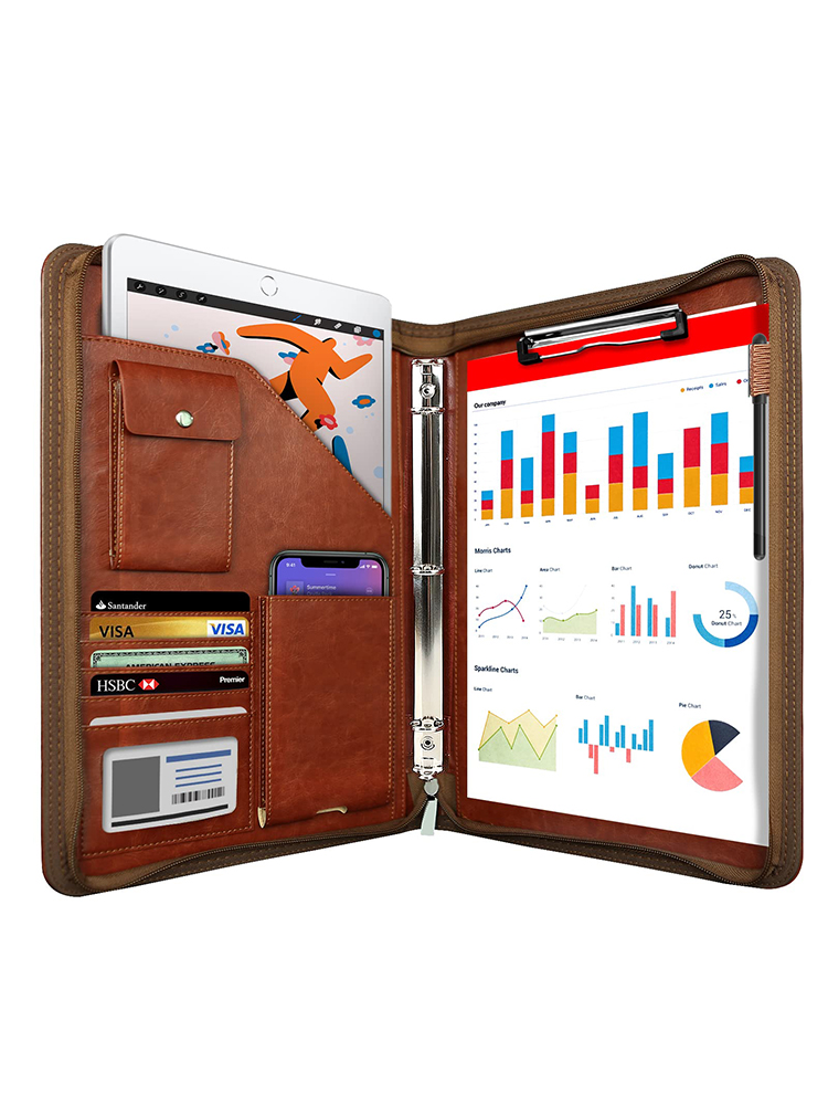 Multifunctional A4 Conference Folder Business Stationery Folder Leather Contract File FoldersTravel Document Folder NEWYES: Brown