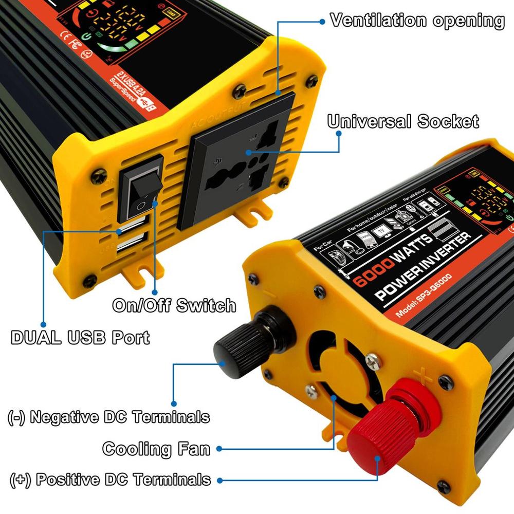 6000w dual usb smart skjerm bil strøm omformer adapter adapter 12v to 220v/110v spenning transformator modifisert sinusbølge