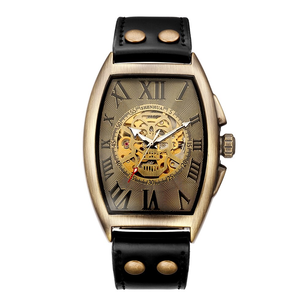 Retro automatiske ure mænd kranium skelet urskive selv vind brun armbåndsur han vintage vintage romersk ur læder reloj relogio: Sort kranium