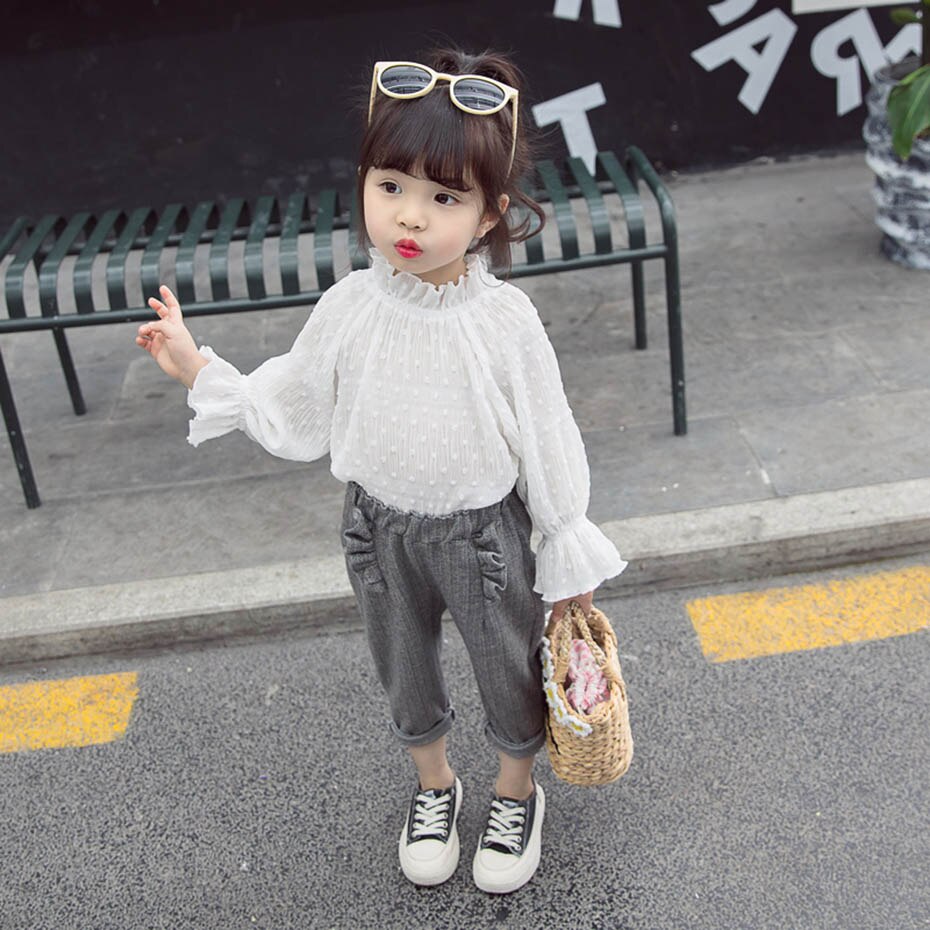 Camisas para niñas, blusa blanca con volantes para niñas, blusa de lunares para niñas, ropa de manga ancha para niñas