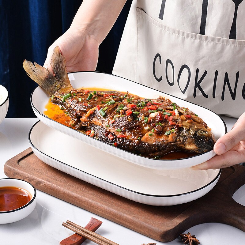 Household Ceramic Steamed Fish Plate, Large Fish Plate, Light Luxury Dish, Dinner Plate, Oval Fish Dish