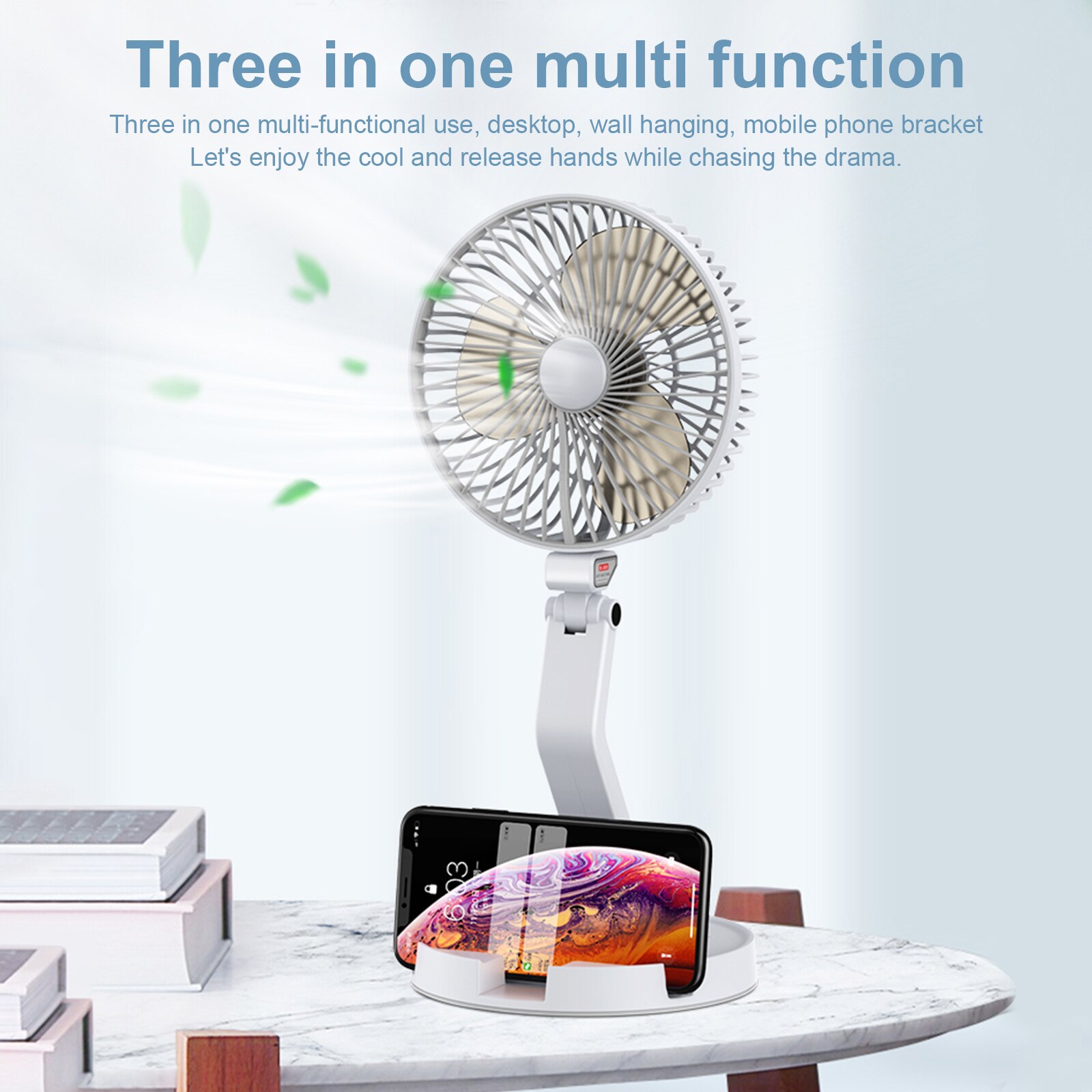 Folding Fan Lamp - USB Rechargeable Telescopic Desk Fan - 7 Inch Wall-Mounted Desktop Fan