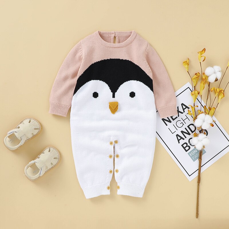 FOCUSNORM 0-24M Autumn Winter Baby Girls Boys Knit Romper Long Sleeve Cartoon Print Warm Jumpsuits