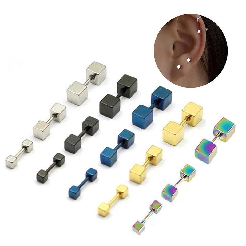 Pendientes cuadrados geométricos de doble cara para mujer/hombre, tornillo de acero inoxidable, Pin fino para oreja, joyería pequeña para hueso del oído, 2 uds.