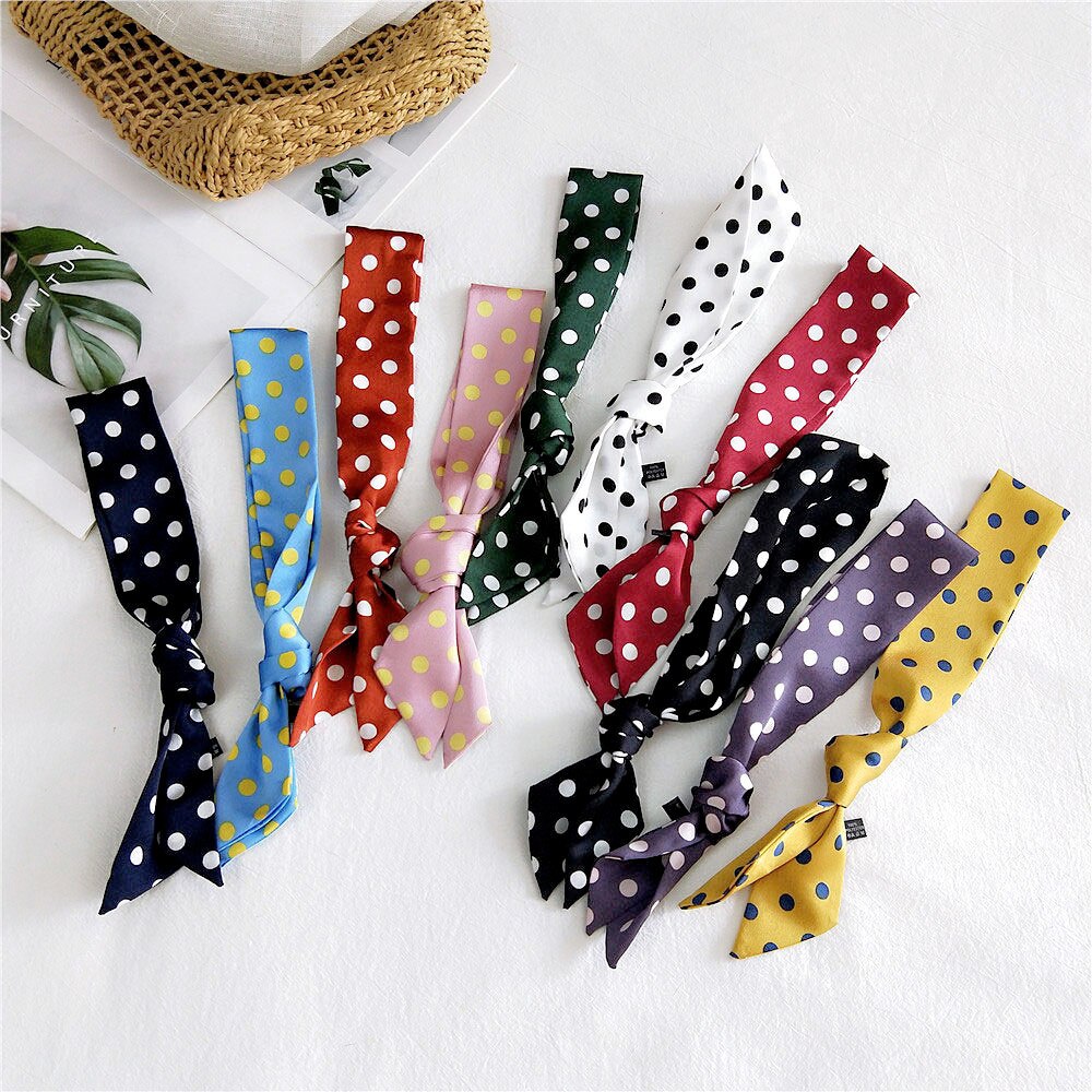 Spring Summer Women's Polka Dot Printed Silk Stain Hair Ribbon Tie Scarf Female Black White Green Yellow Bag Scarves