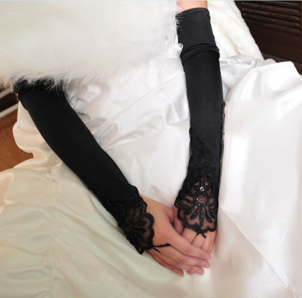 1 Pair Women Bride Long Lace Arm Elbow Gloves Lace Fingerless Gloves Black White