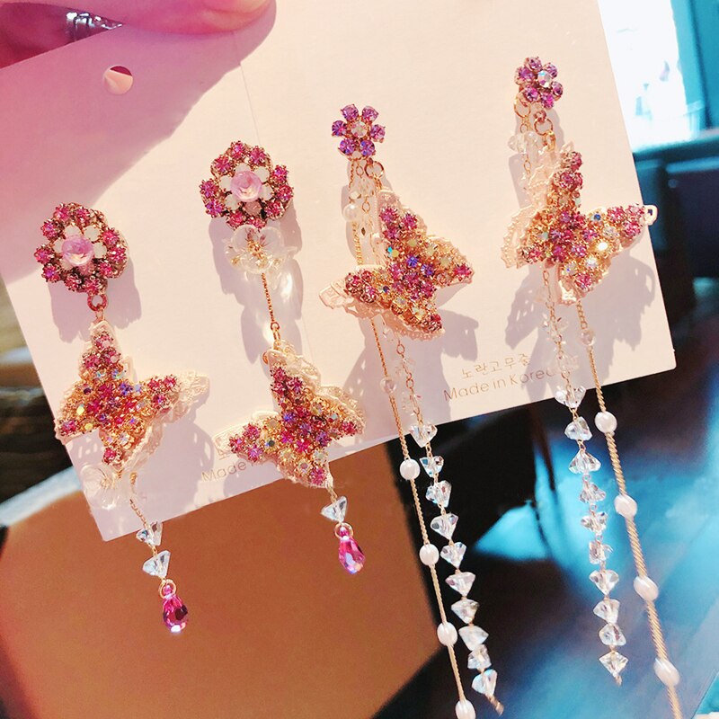 Mengjiqiao Koreaanse Vlinder Rhinestone Oorbellen Voor Vrouwen Elegante Kristallen Kwastje Pendientes Party Sieraden