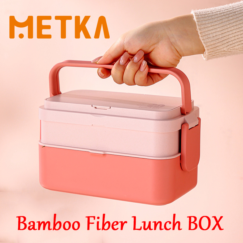 Boîte à lunch portable en fibre de bambou 3 en 1, double couche, bento, micro-ondes, cuillère, fourchette, femme, fille, école, enfant, pique-nique