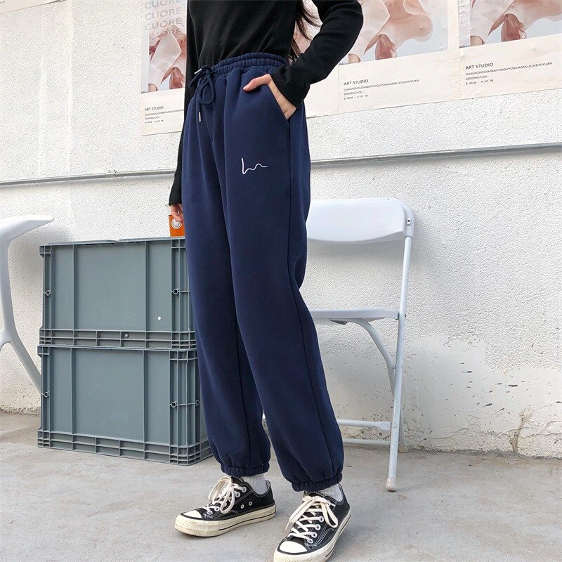 Casual Sport Hosen Für Frauen Stickerei Elastische Hohe Taille Laufen Hosen Lose Beiläufige Warme Jogginghose Winter: Navy