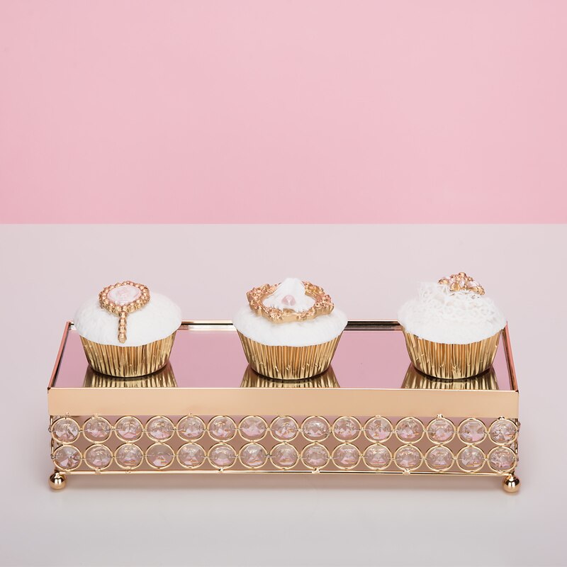 Gull rektangel kakebrett krystall cupcake tallerken bryllupskake bord tilbehør fest dekorasjonsverktøy til dessert