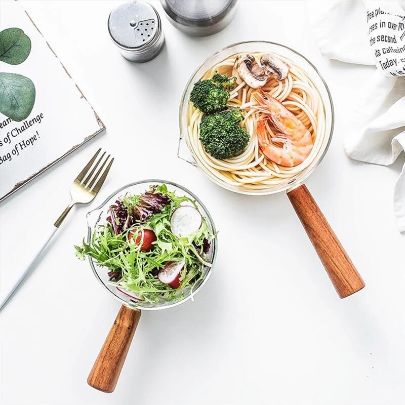 Pentola in vetro da 400ml/600ml con manico in legno cottura riscaldamento zuppa di latte pentola per cereali famiglia fuoco aperto pentole da cucina