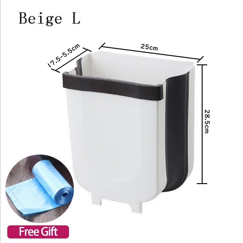 Folding Waste Bins 9L Wall Mounted Kitchen Garbage Can Hangable Kitchen Door Back Cabinet Trash Can Car Waste Storage Bucket: Beige L