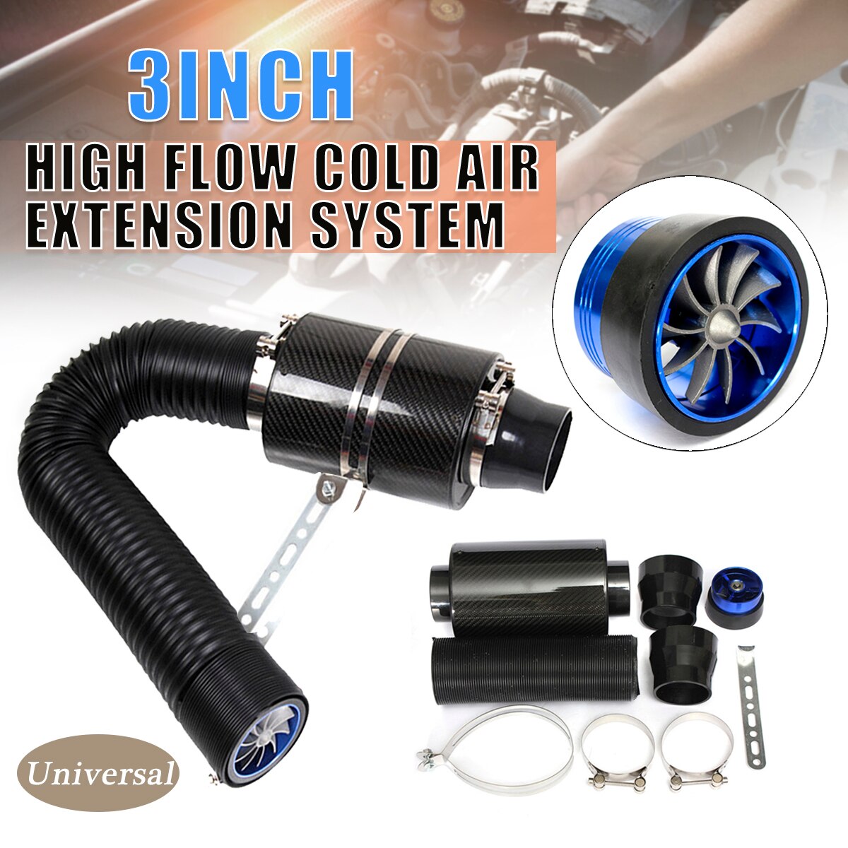 3 "Universal Cold Air Intake System Met Fan Racing Carbon Fiber Koude Feed Inductie Kit Air Intake Kit