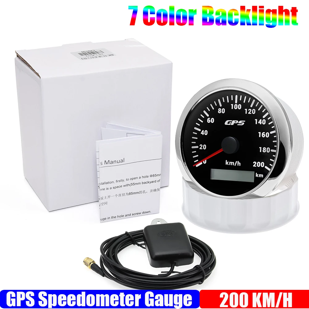 Velocímetro GPS de 85MM para Motor barco marino, retroiluminación de 7 colores, 30 ~ 200 KmH, medidor de velocidad para barco, coche y camión con antena GPS personalizada: Rojo
