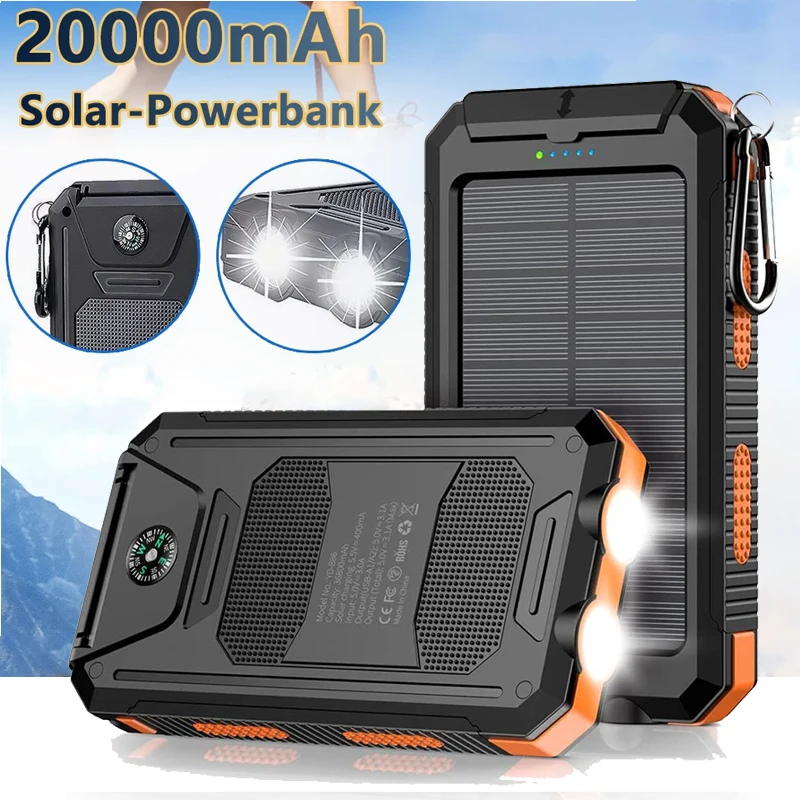 20000mAh batterie solaire charge rapide chargeur Portable téléphone batterie externe 2-USB avec lampe de poche SOS Powerbank extérieur
