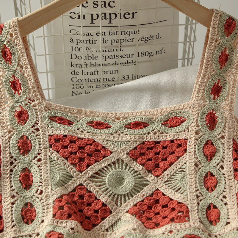 Patchwork cropped top dametøj strikket hul camisole kvindetøj rygløse blondetoppe dame tank-top sommer