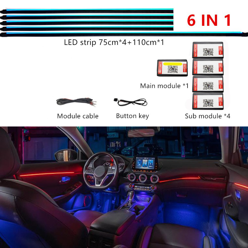 Luz ambiental LED sinfónica para coche 64 RGB guía de luz acrílica Interior atmósfera de decoración de coche de fibra óptica 18/14/10/6 en 1 Universal: 3000 K de oro