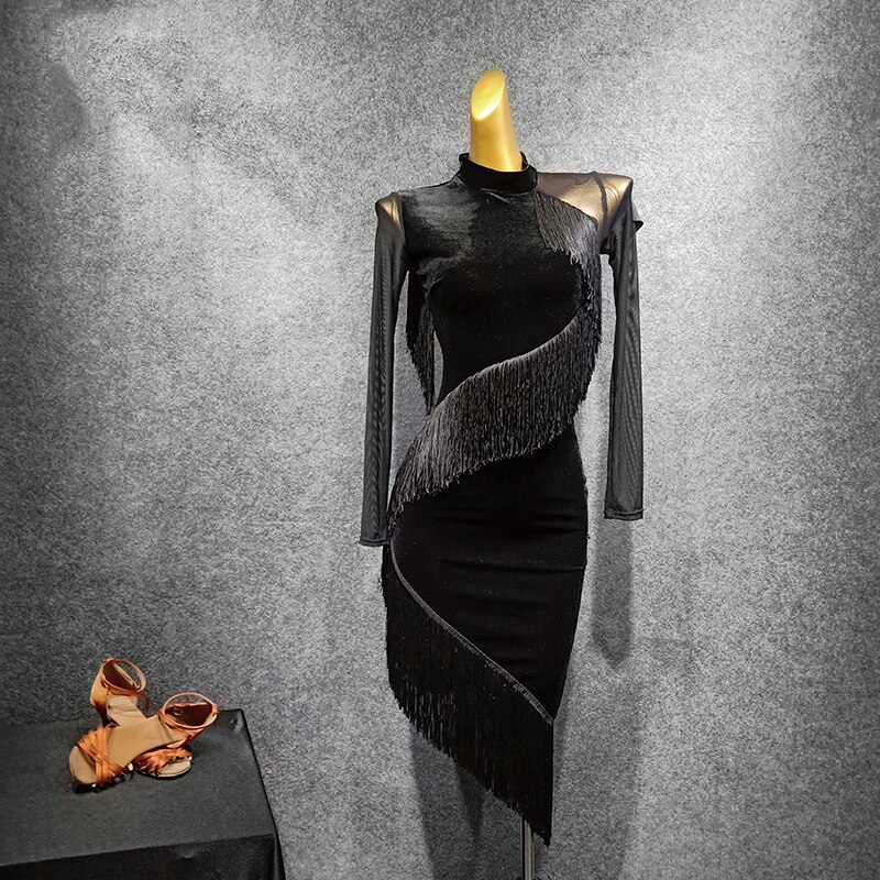 Sukienka robić tańca latynoskiego z długim rękawem aksamitne szwy sukienki z frędzlami rumba tango Salsa Cha Cha nosić dorosłych ubiór na przedstawienie DN4334: M