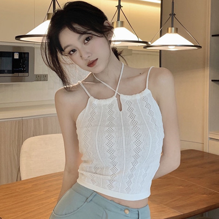 Kvinder sexede halterneck tanktoppe sommer udhulede strikkede ensfarvede cropped toppe dame camisole med stropper crop top til kvinder tanktoppe: Hvid