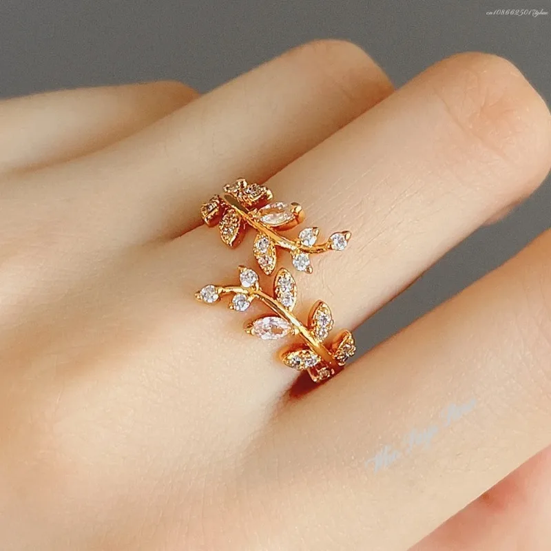 Anillos de apertura de hoja de olivo a la para mujer con incrustaciones de circonia cúbica brillante, accesorios simples y elegantes para dedo, de para chica, Nueva joyería Jahльца
