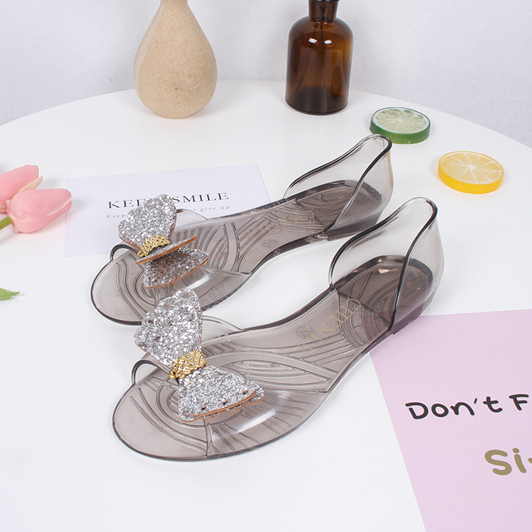 Sandalias de mujer zapatos con los dedos de los pies al aire libre Bling Bow claro transparente playa cómodas sandalias para mujer suave PVC pantuflas de plástico