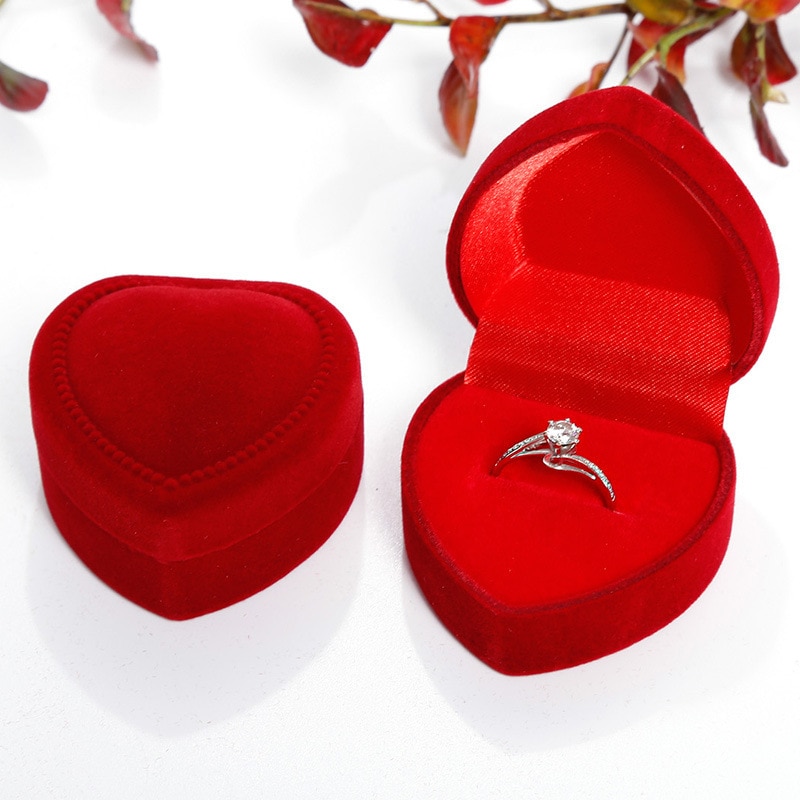 Mini Cute Red Carrying Cases Foldable Red Heart Shaped Ring Box For Rings Lid Open Velvet Display Box Jewelry Packaging 1Pcs