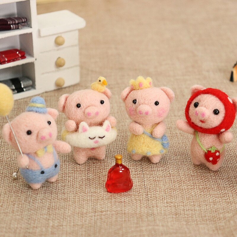 Jiwuo Cute Animal Pig Toy Doll Wool Felt Poked Kitting Non-Finished Handcarft Wool Felting Material Package