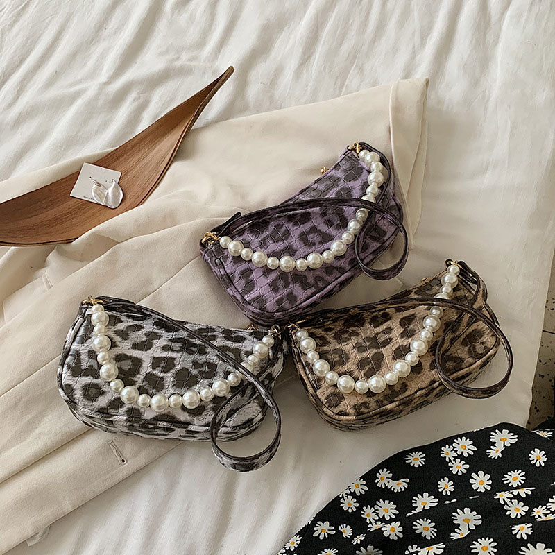 Schoudertassen Met Pearl Leopard Vrouwen Lederen Travel Steen Patroon Handtas Luxe Portemonnees Vrouwelijke Vintage Bakken