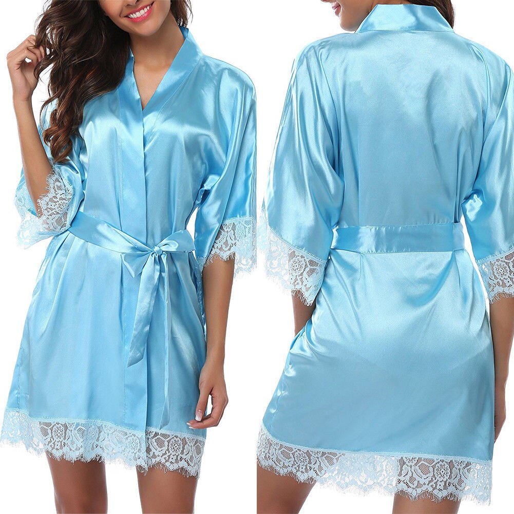 Women Ladies Satin Plain Silk Sleepwear Nightgowns Womens Smooth Pink Red Gold Silver Blue White Black Sleepshirt with Slash: Sky blue