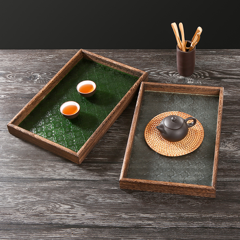 Retro Begonie Blume Tablett Rechteckige Platte Haushalt Holz Dessert Platte Tee Platte Glas Platte Wohnzimmer Desktop Dekoration