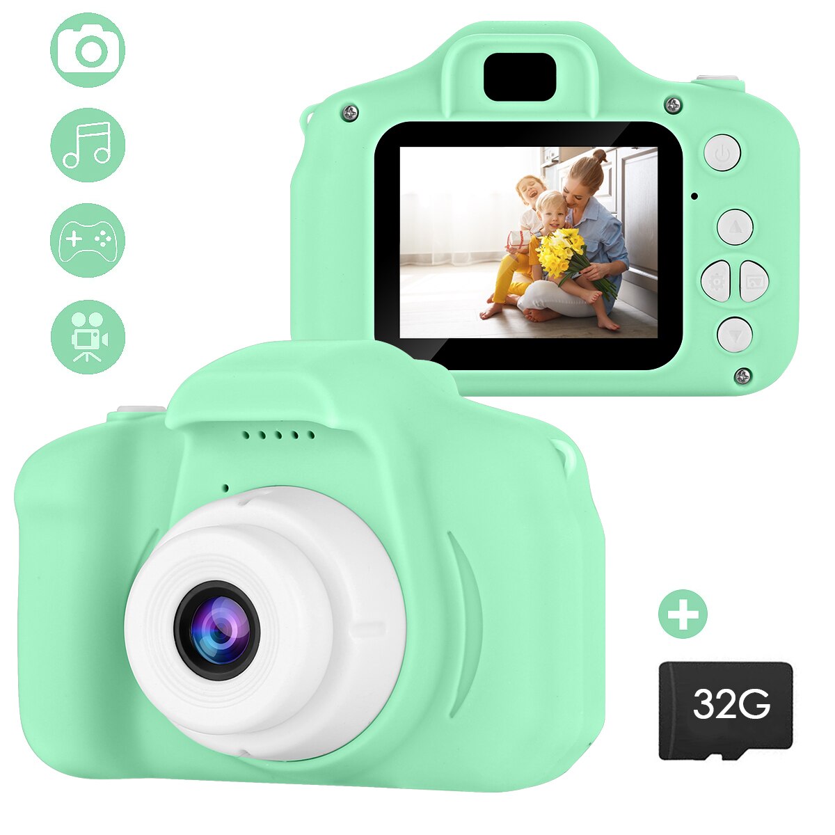 Børnekamera 13mp linse 2 tommer hd-skærm mini digitalt kamera usb genopladeligt med 32g hukommelseskort til børns drengepiger: Grøn