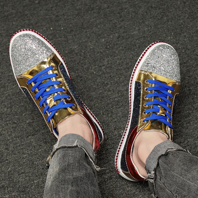 Mode Gouden Bling Spiegels Schoenen Mannen Club & Bar Schoeisel Grote Maat 45 46 Hip Hop Glitter Schoenen mannen Casual Sneakers