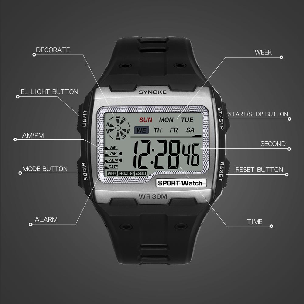 Synoke Mode Mannen Vierkante Digitale Horloge Lichtgevende Buitensporten Waterdicht Man Horloge Led Display Multifunctionele Horloge