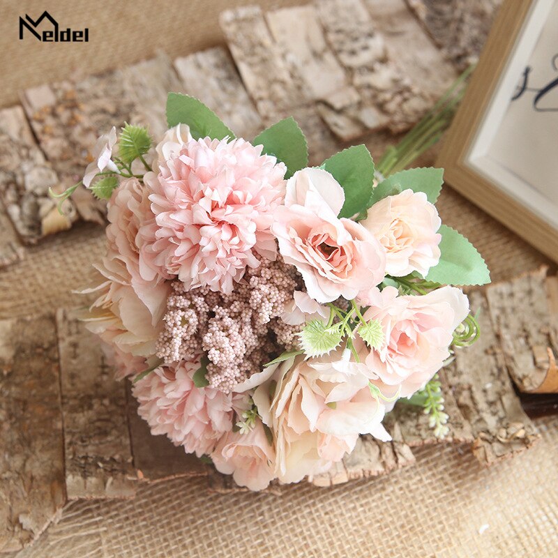 Meldel sztuczne róże piwonia bukiety ślubne dla druhen biały jedwab ślubny kwiat bukiet ślubny sztuczna dekoracja w kwiaty: różowy