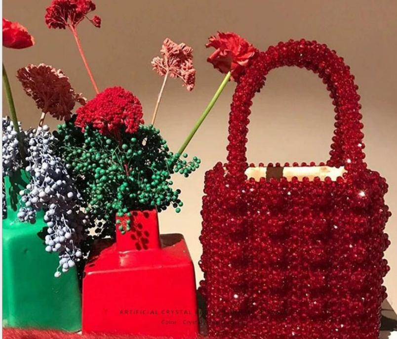 Crystal Evening Bag - Woven Bead Handbag - Soft Tote Bag - Two Handles - SATSEED: Red / M