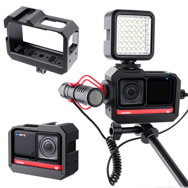Ruigpro-jaula de Metal con zapata fría para luz LED, carcasa protectora de borde para micrófono, Vlog, Insta360 One R
