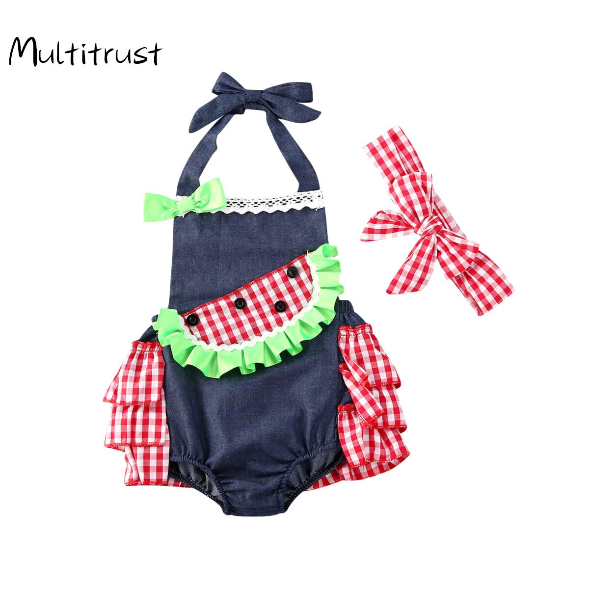 0-18M été belle bébé filles garçons body pastèque Plaid imprimé sans manches volants combinaisons bandeau 2 pièces